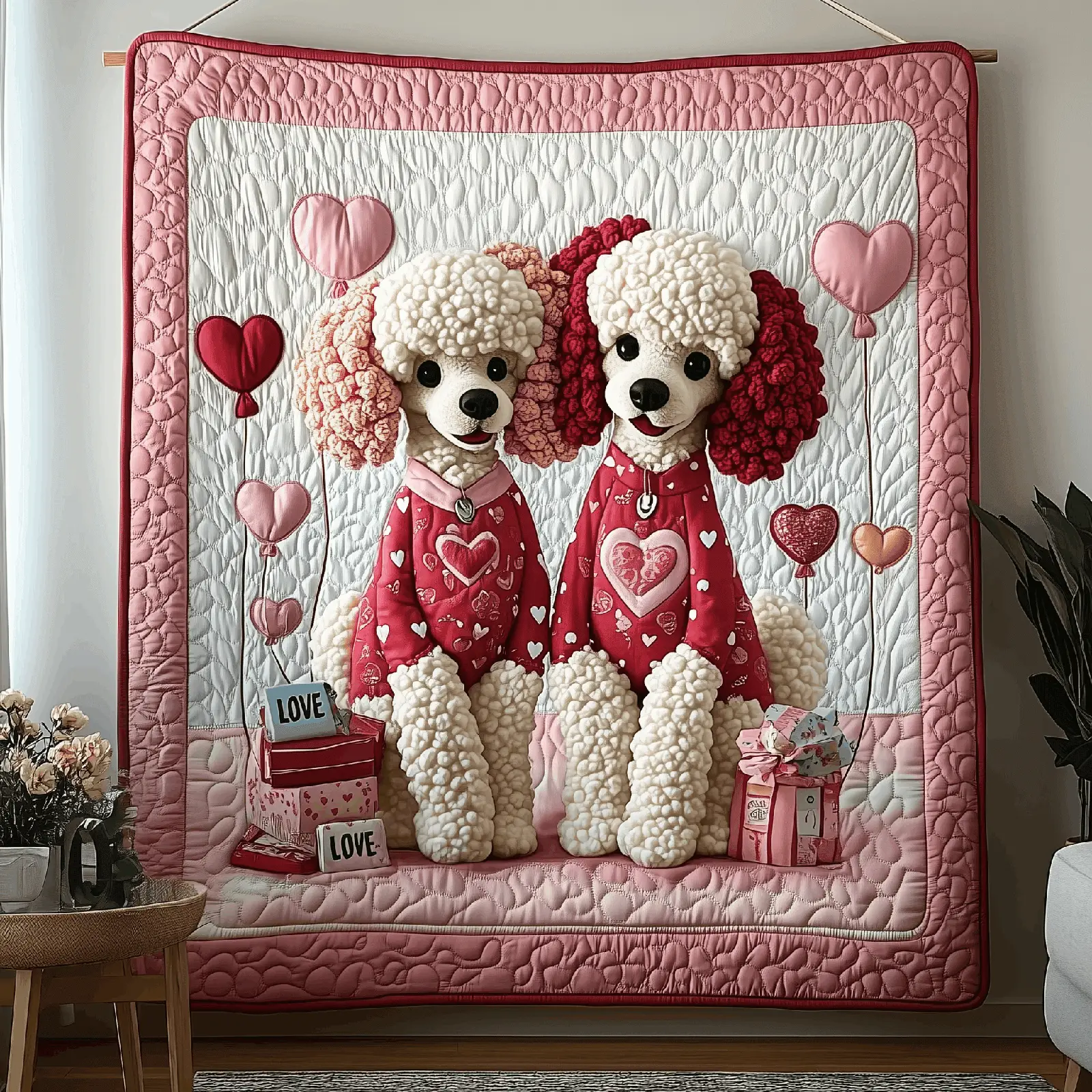 Valentine Poodle Date Quilted Blanket Cozy Home Decor Unique Valentine's Day Ideas