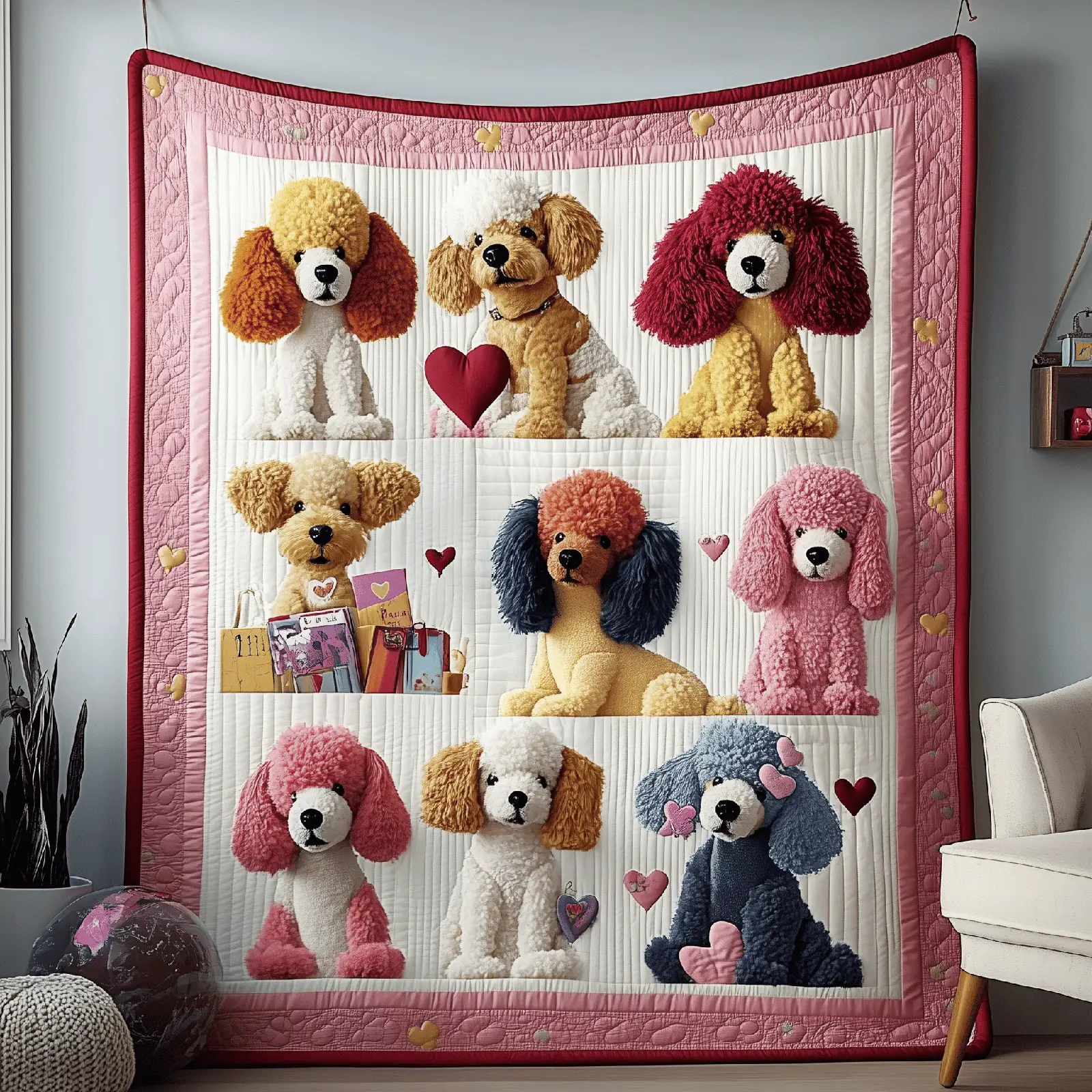 Valentine Poodle Family Quilted Blanket Animal Home Decor Unique Gifts For Dog Enthusiasts