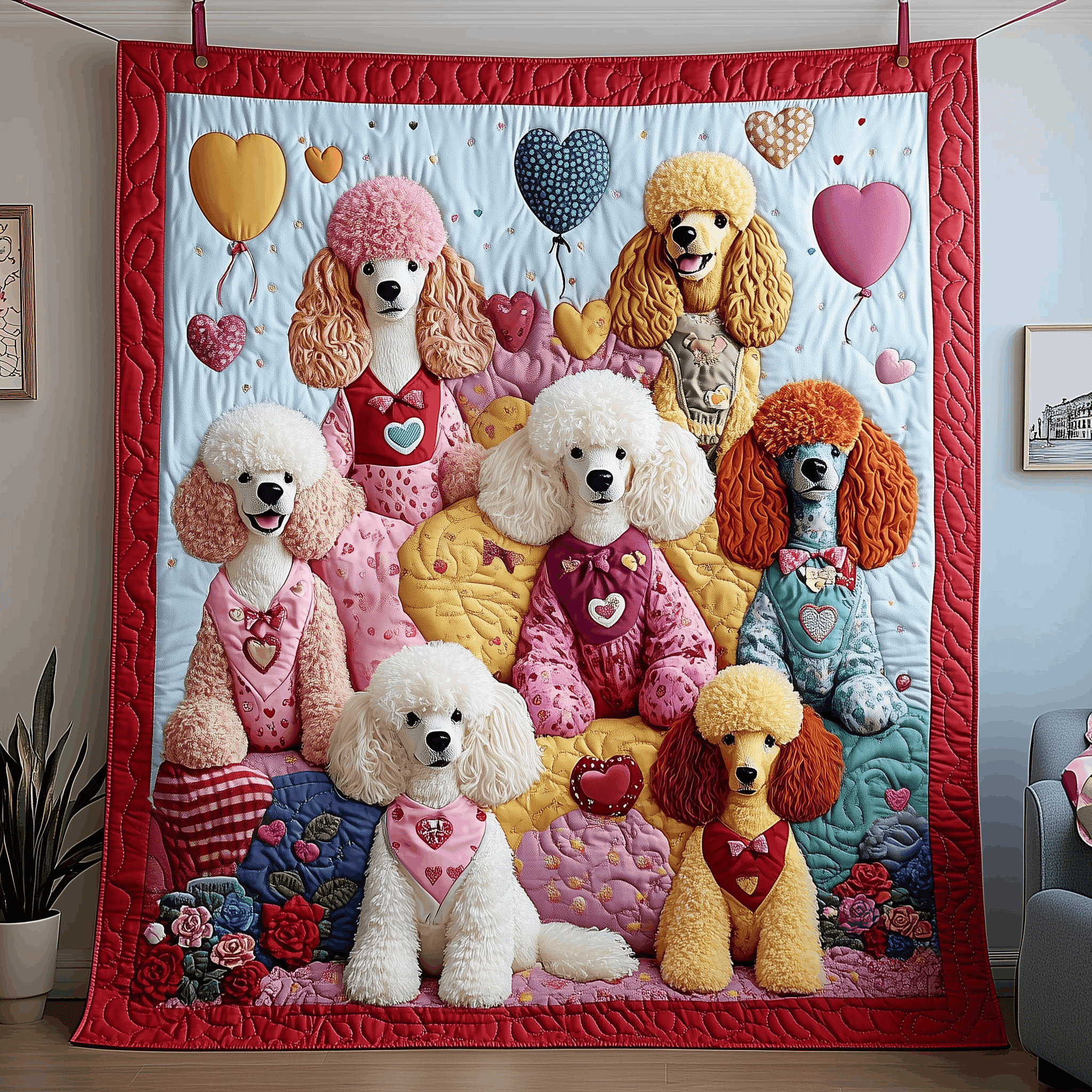 Valentine Poodle Quilted Blanket Retro Home Decor Valentine's Day Gifts For Her