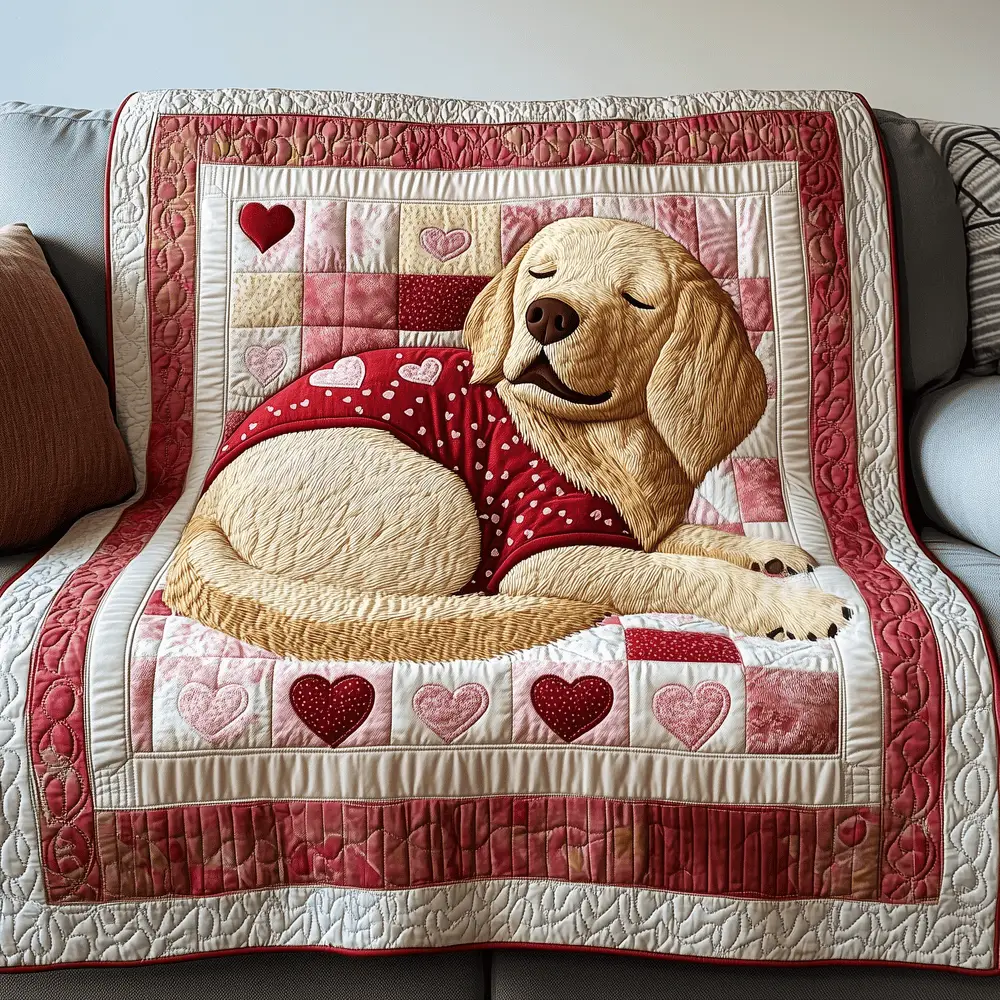 Valentine Sleepy Golden Retriever Quilted Blanket Animal Themed Cute Accessories Gifts For Dog Enthusiasts
