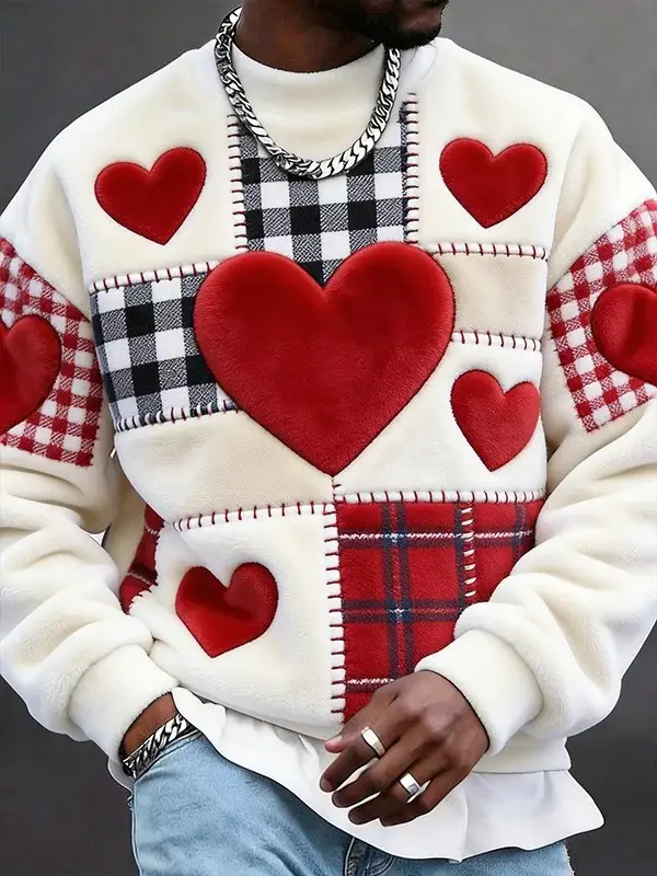 Valentine's Day Love Heart Sweatshirt Men Patchwork Apparel Best Gift For Him