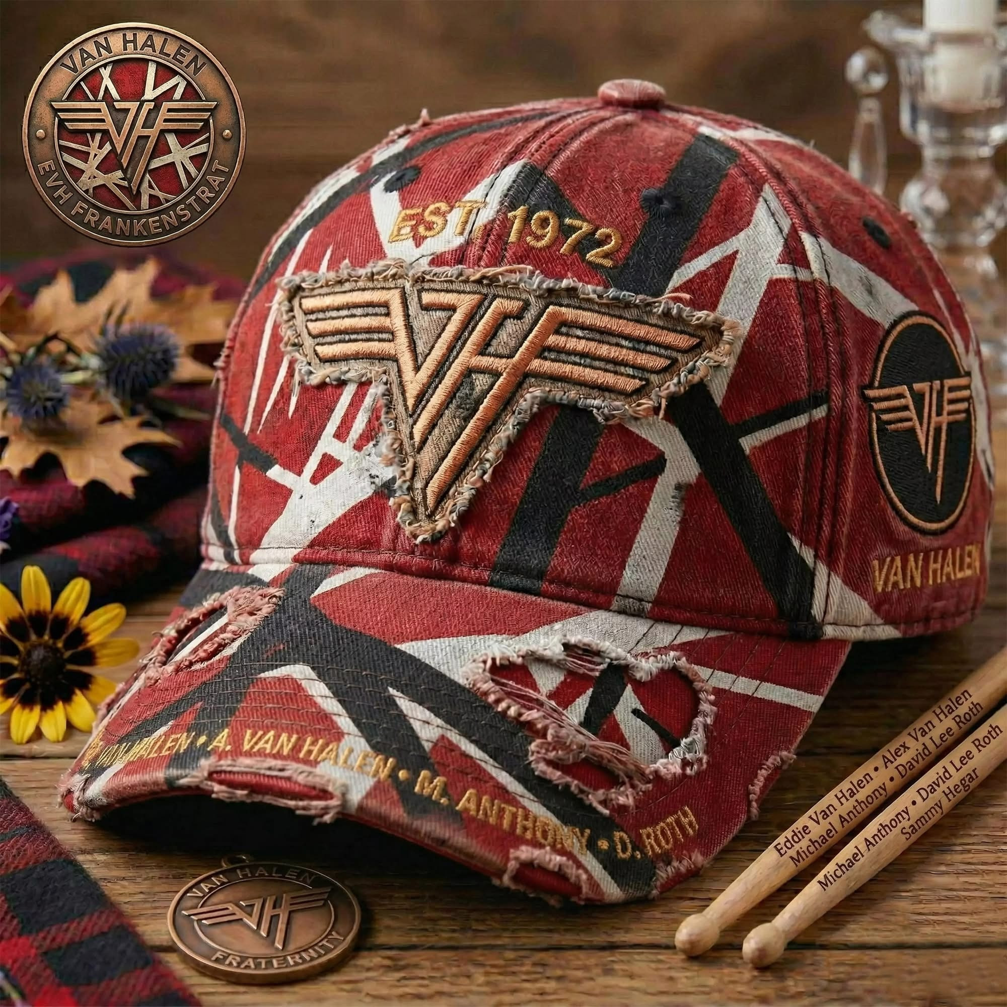 Van Halen VH EST 1972 Stripes Hat Van Halen Merch Gift For Rock Music Fans Van Halen VH EST 1972 Stripes Hat Van Halen Merch Gift For Rock Music Fans - Image 1