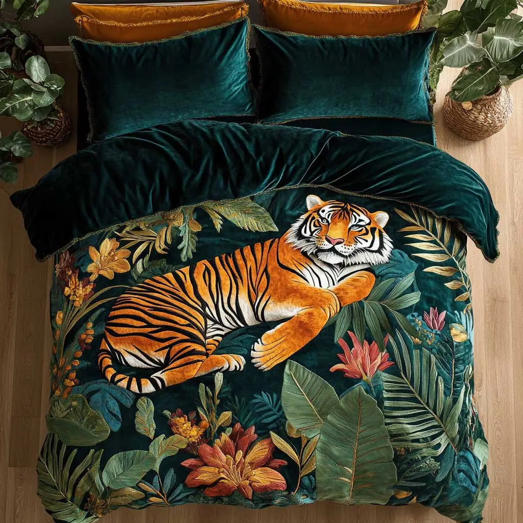 Velvet Tiger Quilted Bedding Set Duvet Cover Bedspread Bedroom Decor For Parents Velvet Tiger Quilted Bedding Set Duvet Cover Bedspread Bedroom Decor For Parents - Image 1