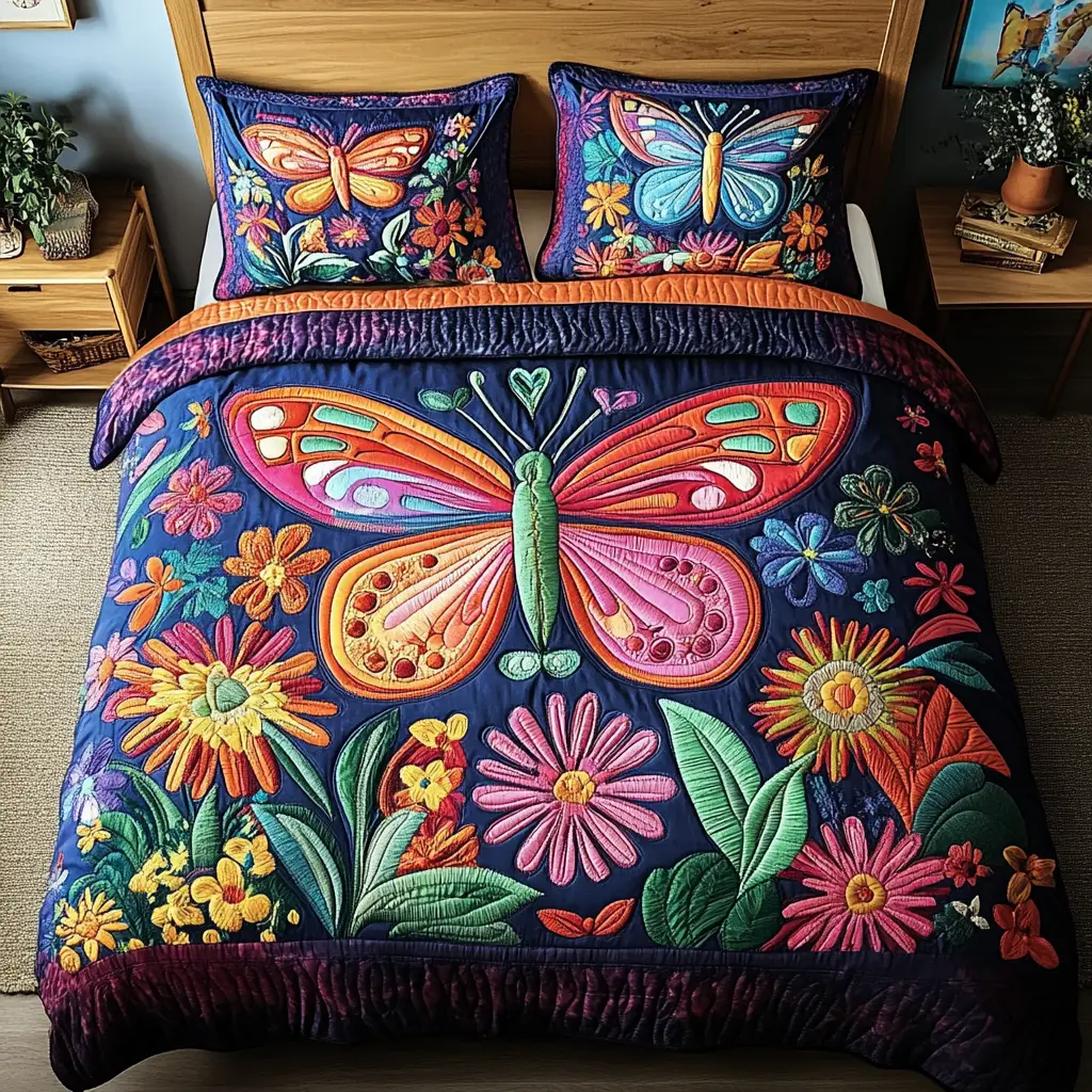 Vibrant Butterflies Quilted Bedding Set Bed Decor Best Butterfly Lover Gifts For Her