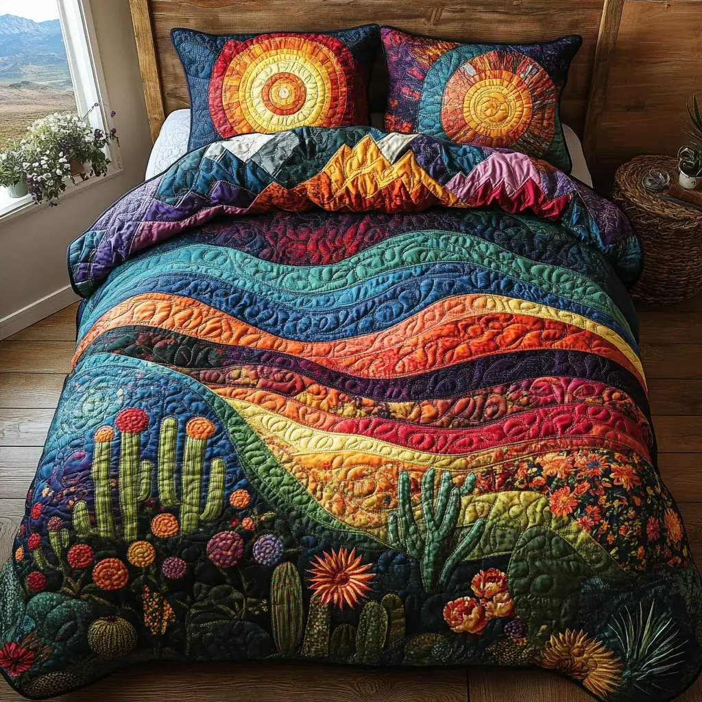Vibrant Cactus Village Quilted Bedding Set Holiday Duvet Cover Set Cactus Housewarming Gift