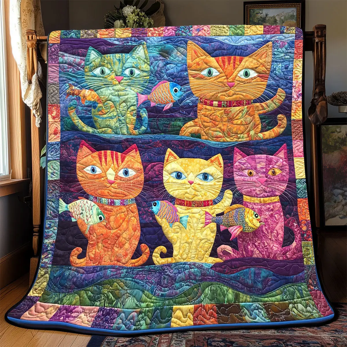 Vibrant Cute Cat Quilt Blankets Couch Blanket Father's Day Gifts For Son In Law