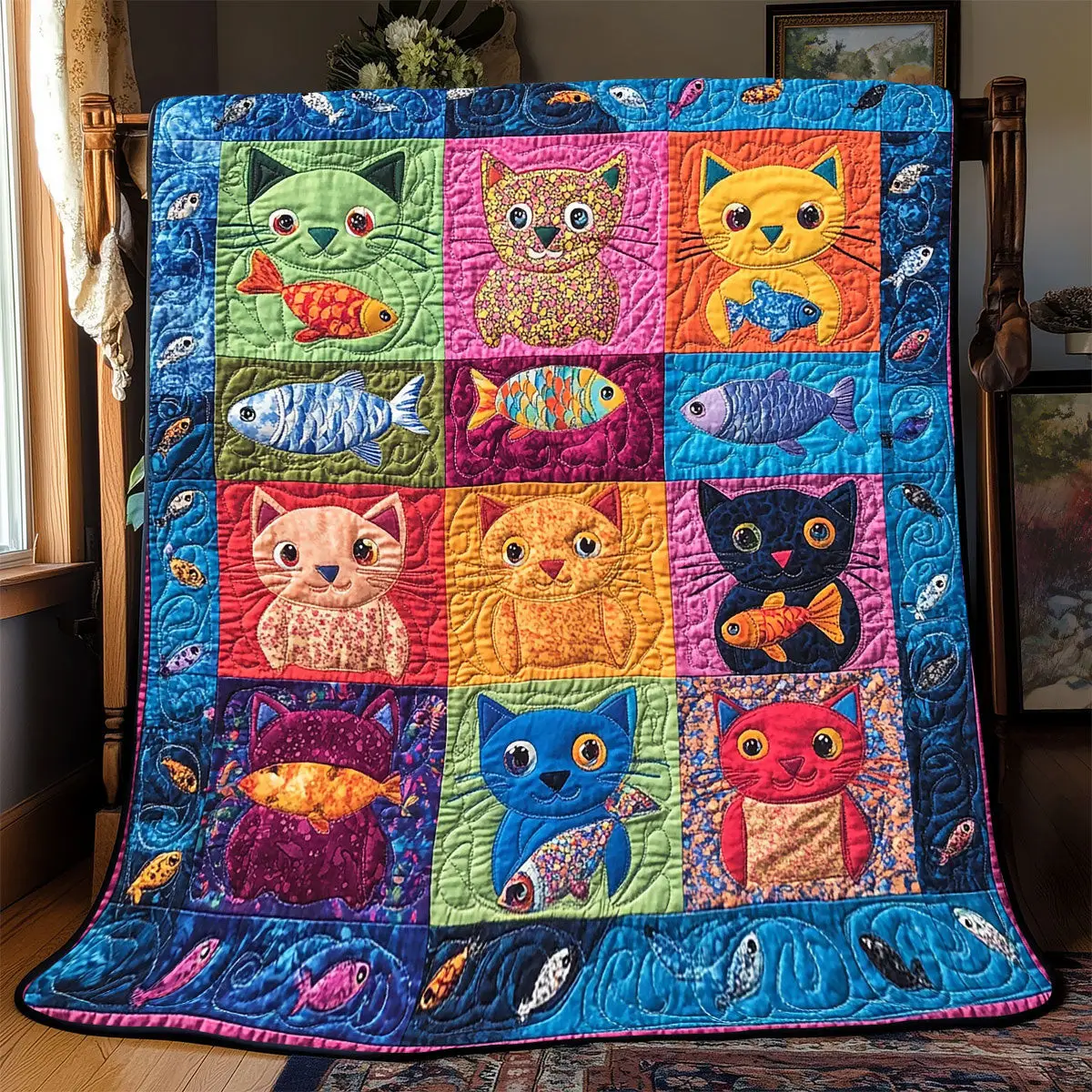 Vibrant Cute Cat Quilt Blankets Couch Blanket Mother's In Law Gifts Mom's Day