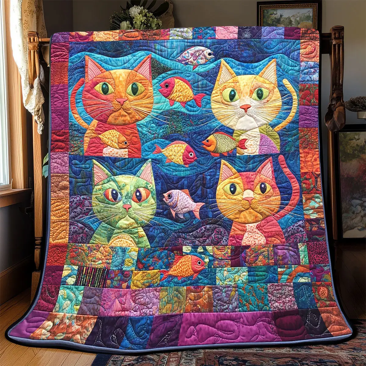 Vibrant Cute Cat Quilt Blankets Useful Gifts For Mom
