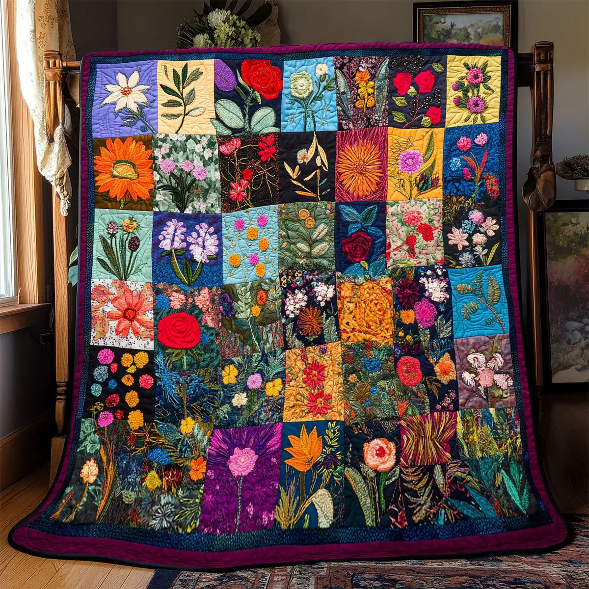 Vibrant Flower Patchwork Quilt Blanket For Couch Mother's Day Gifts For Daughter
