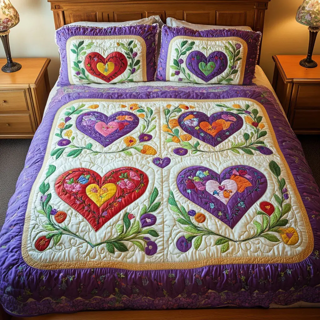 Vibrant Heart Patch Quilted Bedding Set Minimalist Home Decor Unique Valentine's Day Ideas