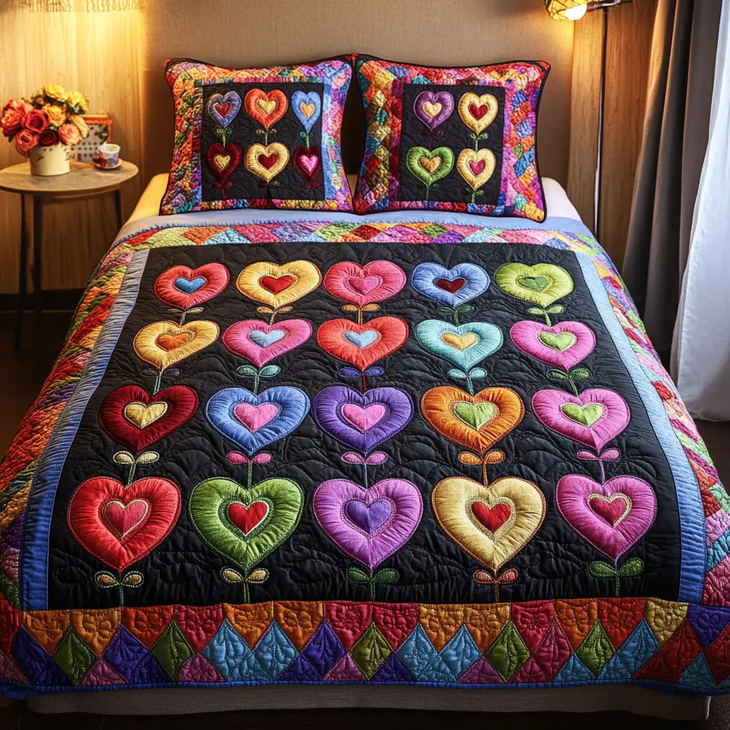 Vibrant Hearts Quilted Bedding Set Colorful Duvet Cover Valentine Day Gifts For Men