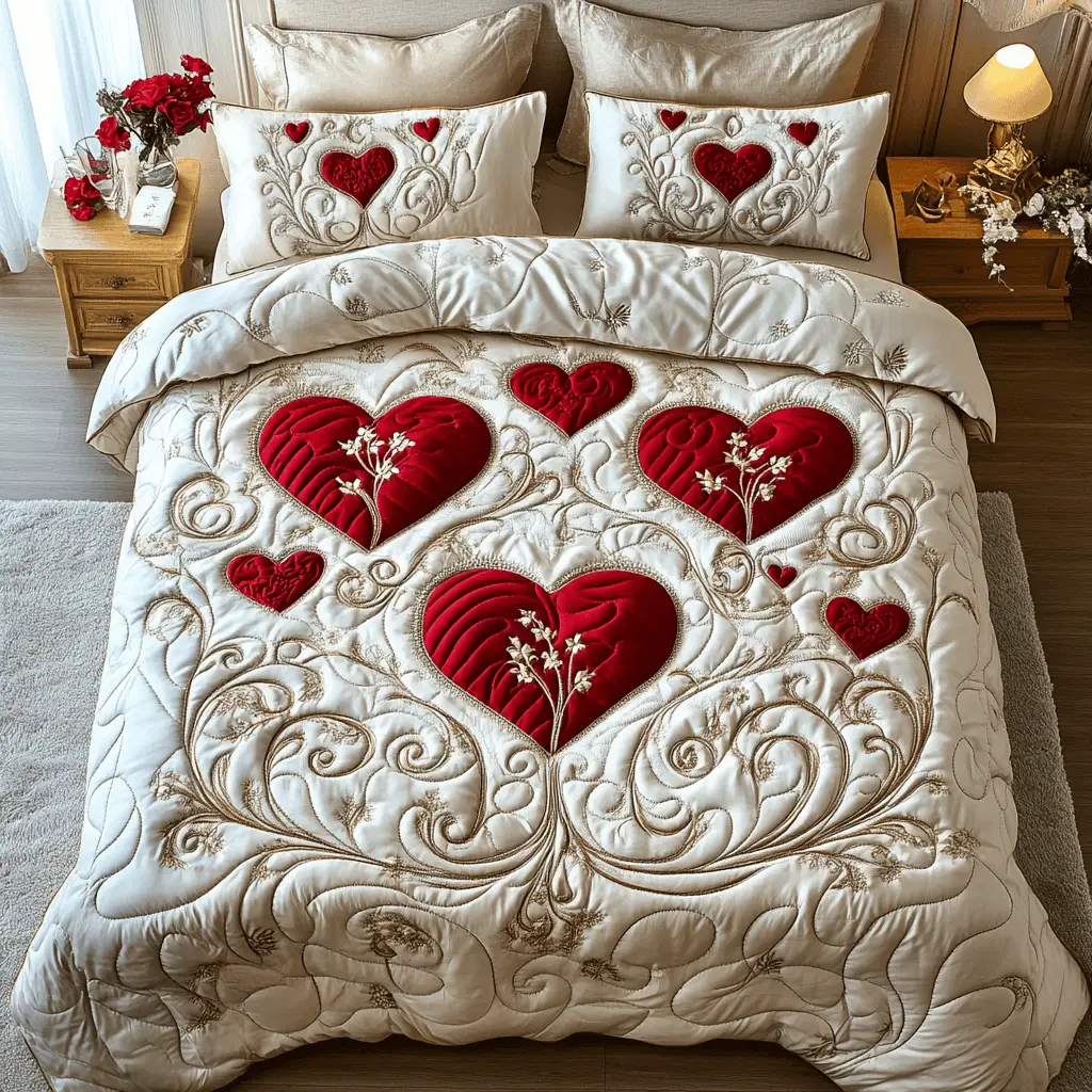 Vibrant Hearts Quilted Bedding Set Luxury Home Decor Valentines Gift For Husband