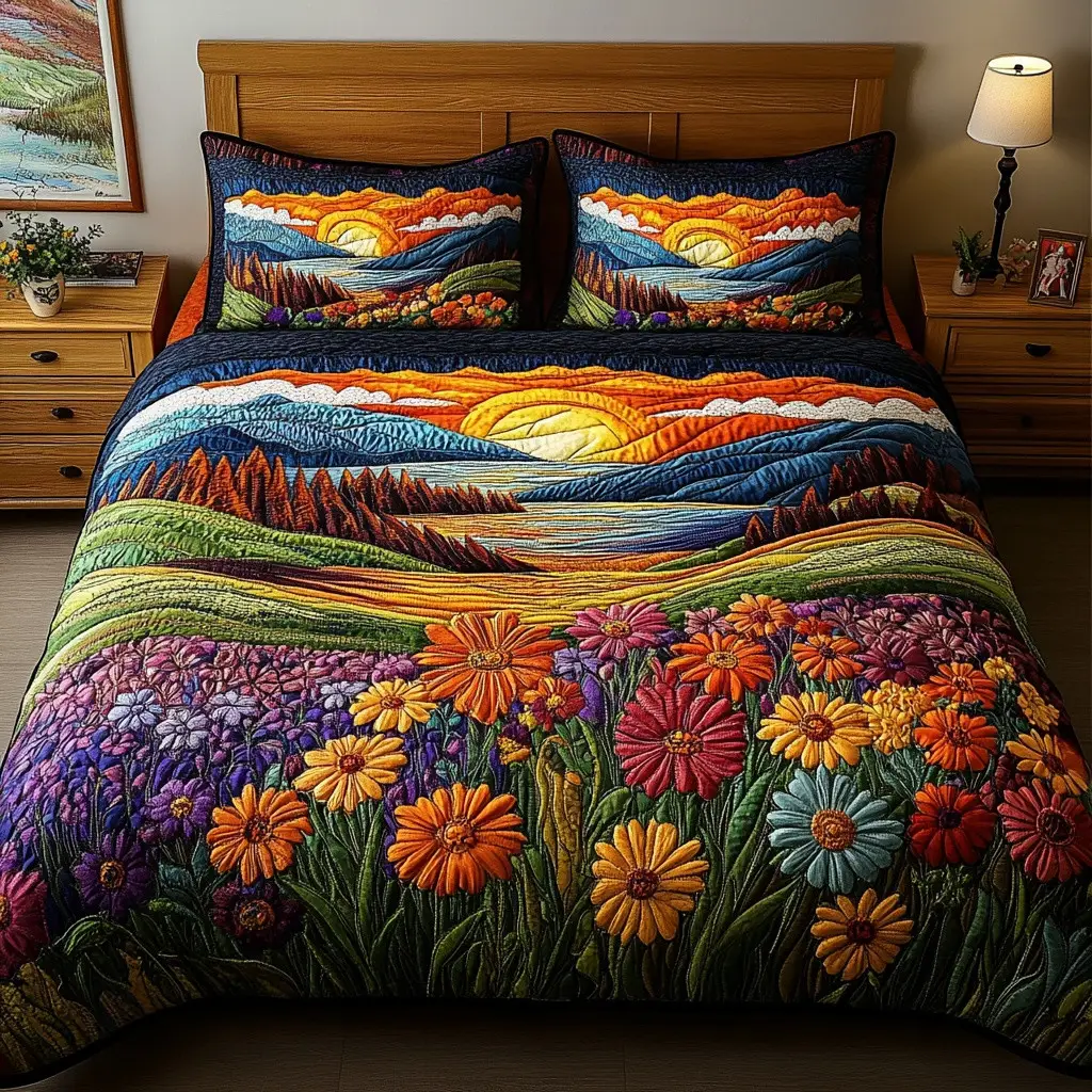 Vibrant View Quilted Bedding Set Nature Inspired Bedroom Decor Gift For Nature Lovers
