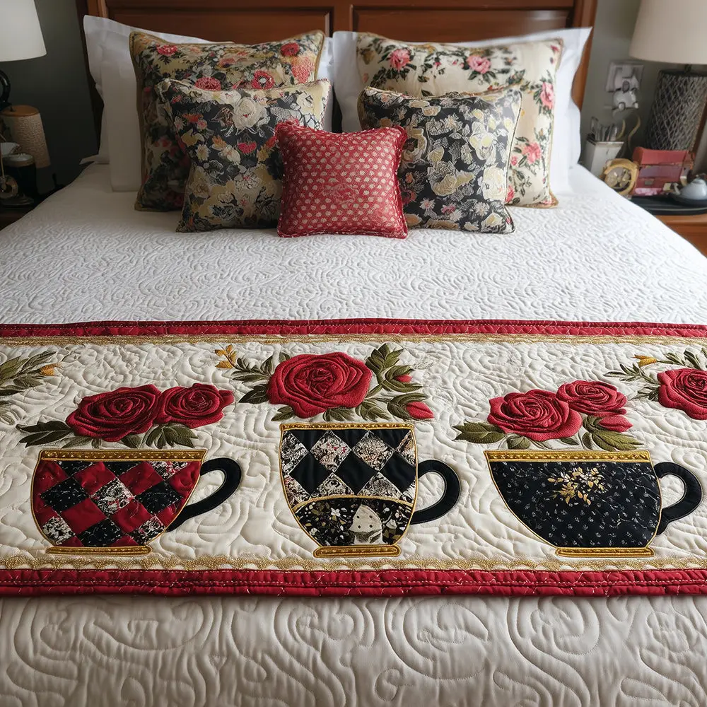 Victorian Sipscape Quilted Bed Runner Victorian Teacup Scene Antique Home Gift