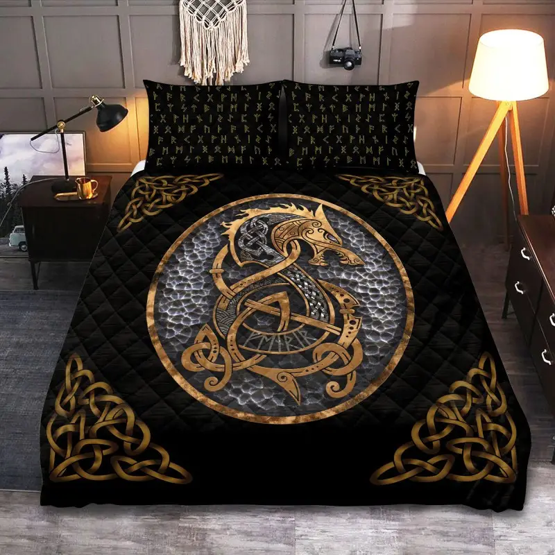 Viking Quilt Bedding Set Nordic Fenrir Wolf Gold With Rune Viking Gifts For Men