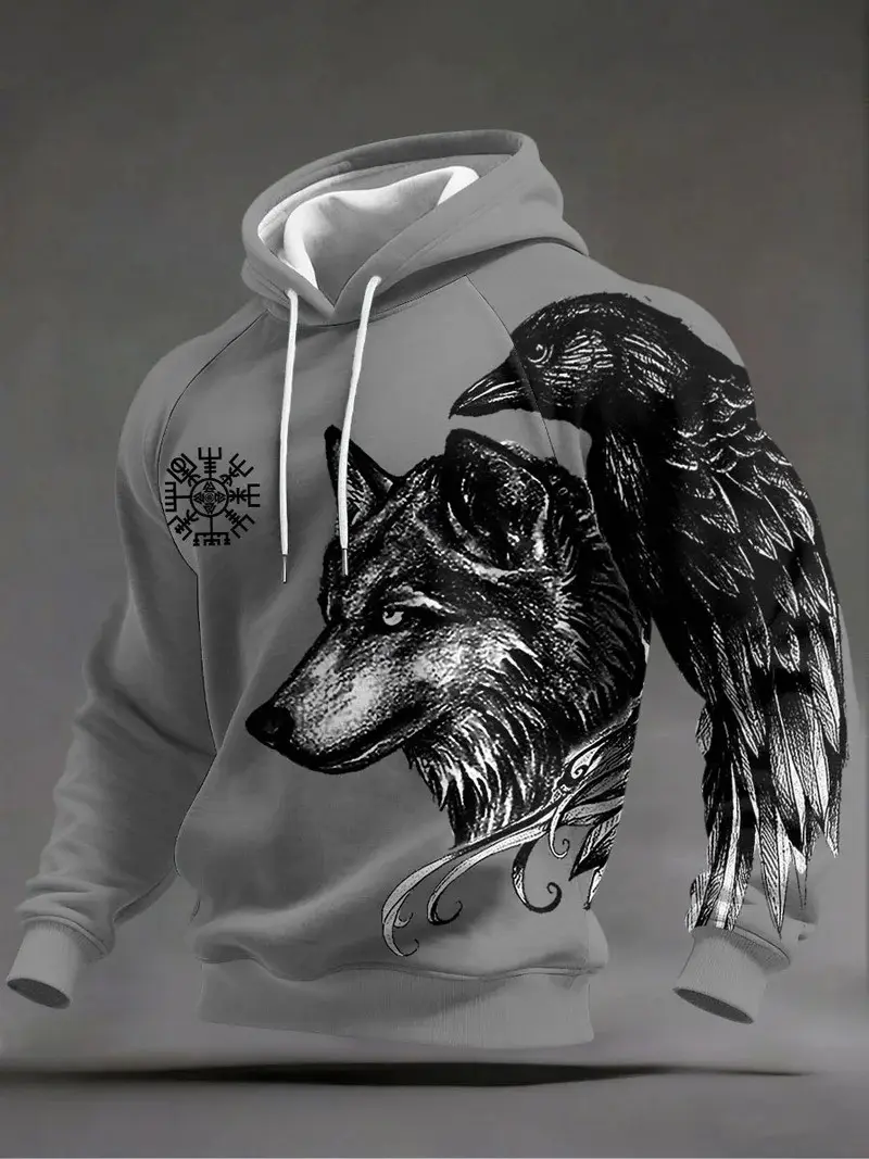 Viking Style Wolf And Raven Hoodie Valhalla Norse Mythology Warrior Fan Gear Best Gift For Viking Fans