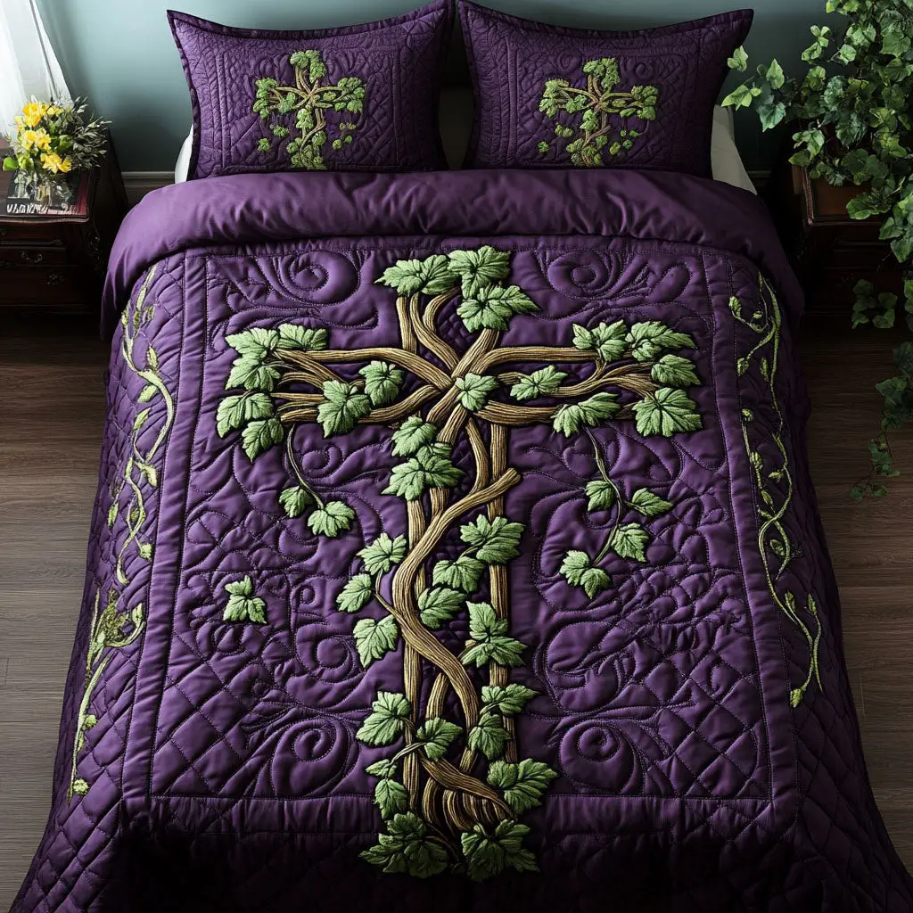 Vine Cross Quilted Bedding Set Religious Floral Bedroom Decor Gift For Christians