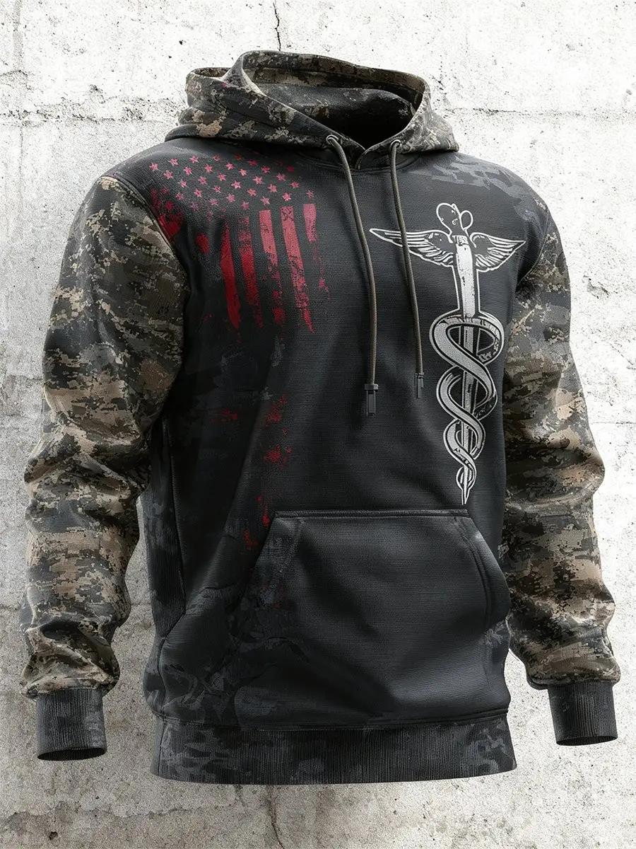 Vintage Faith American Flag Camo Hoodie Caduceus Medical Symbol Military Merch Gifts