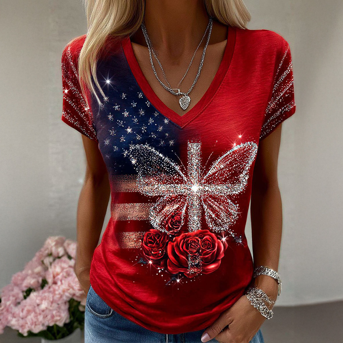 Vintage Faith American Founding 250th Anniversary V-Neck Shirt July 4th Clothes Gift For Her
