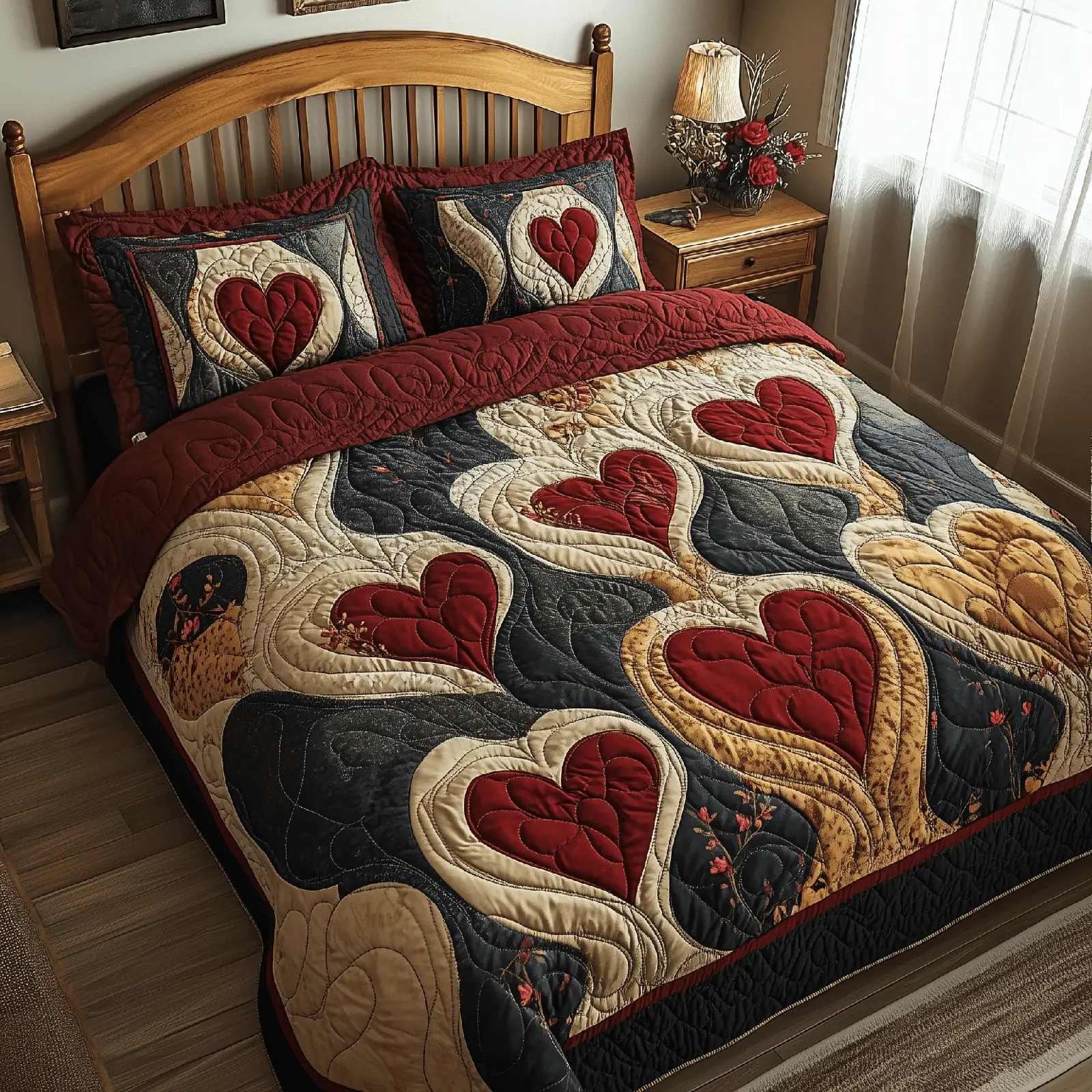 Vintage Heart Quilted Bedding Set Holiday Bedroom Decor Gifts For Best Friend
