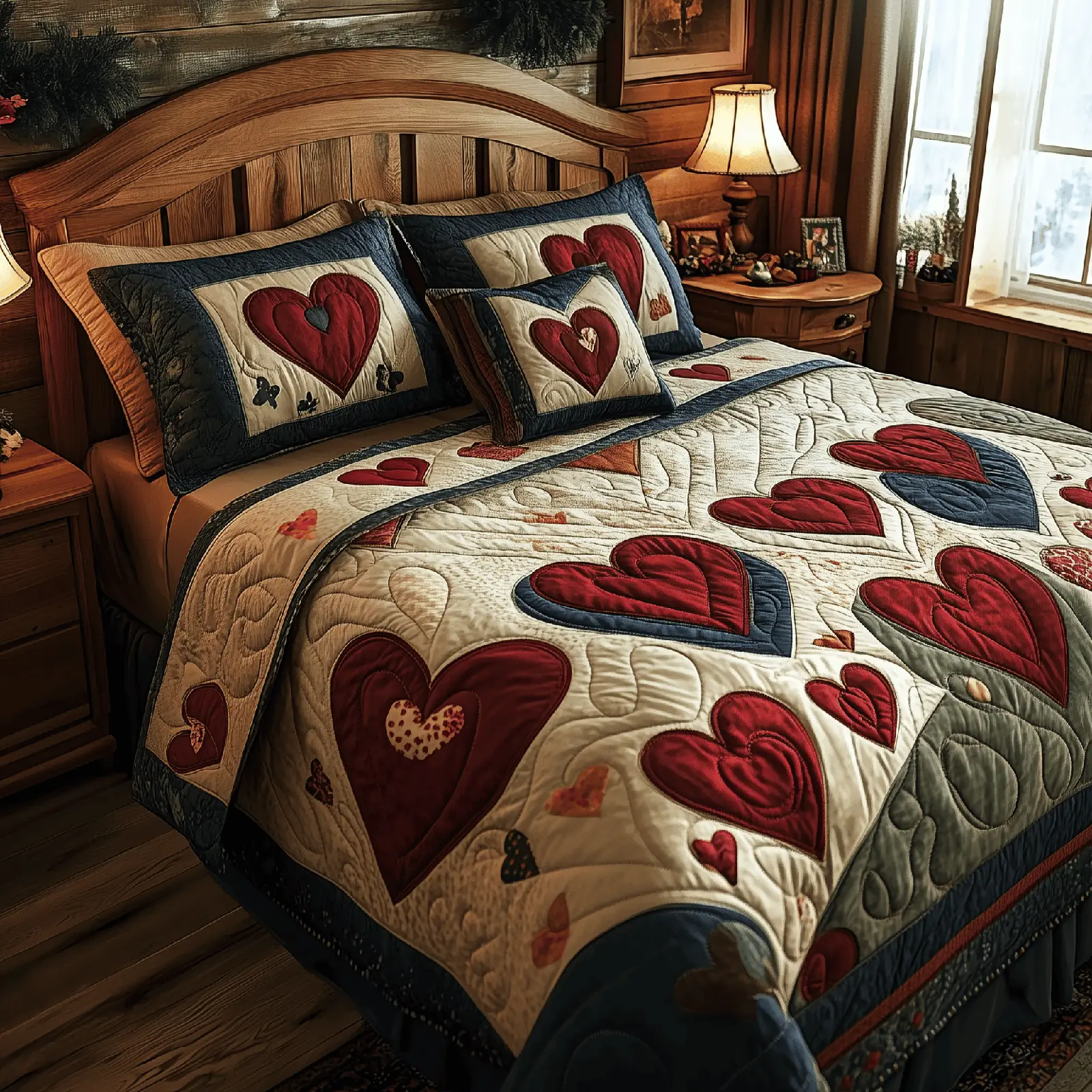 Vintage Heart Quilted Bedding Set Holiday Bedroom Decor Gifts For Boyfriend