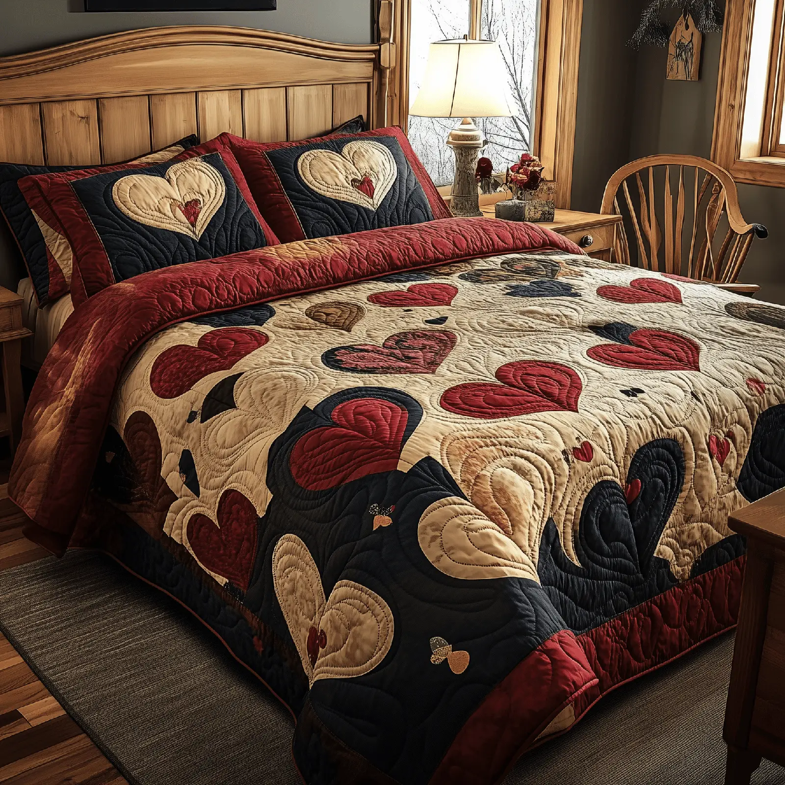 Vintage Heart Quilted Bedding Set Holiday Bedroom Decor Gifts For People Who Loves Heart