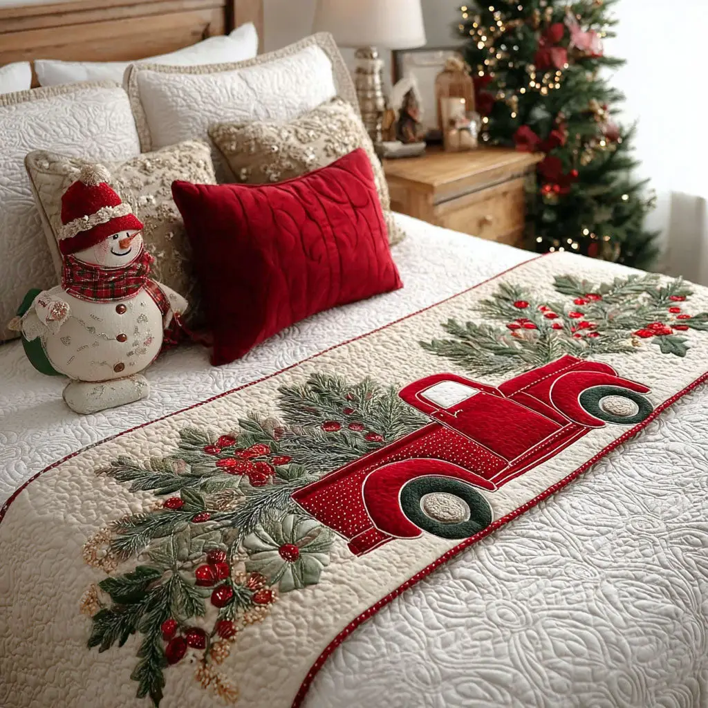 Vintage Holiday Wheels Quilted Bed Runner Retro Christmas Feel Gift for Dad