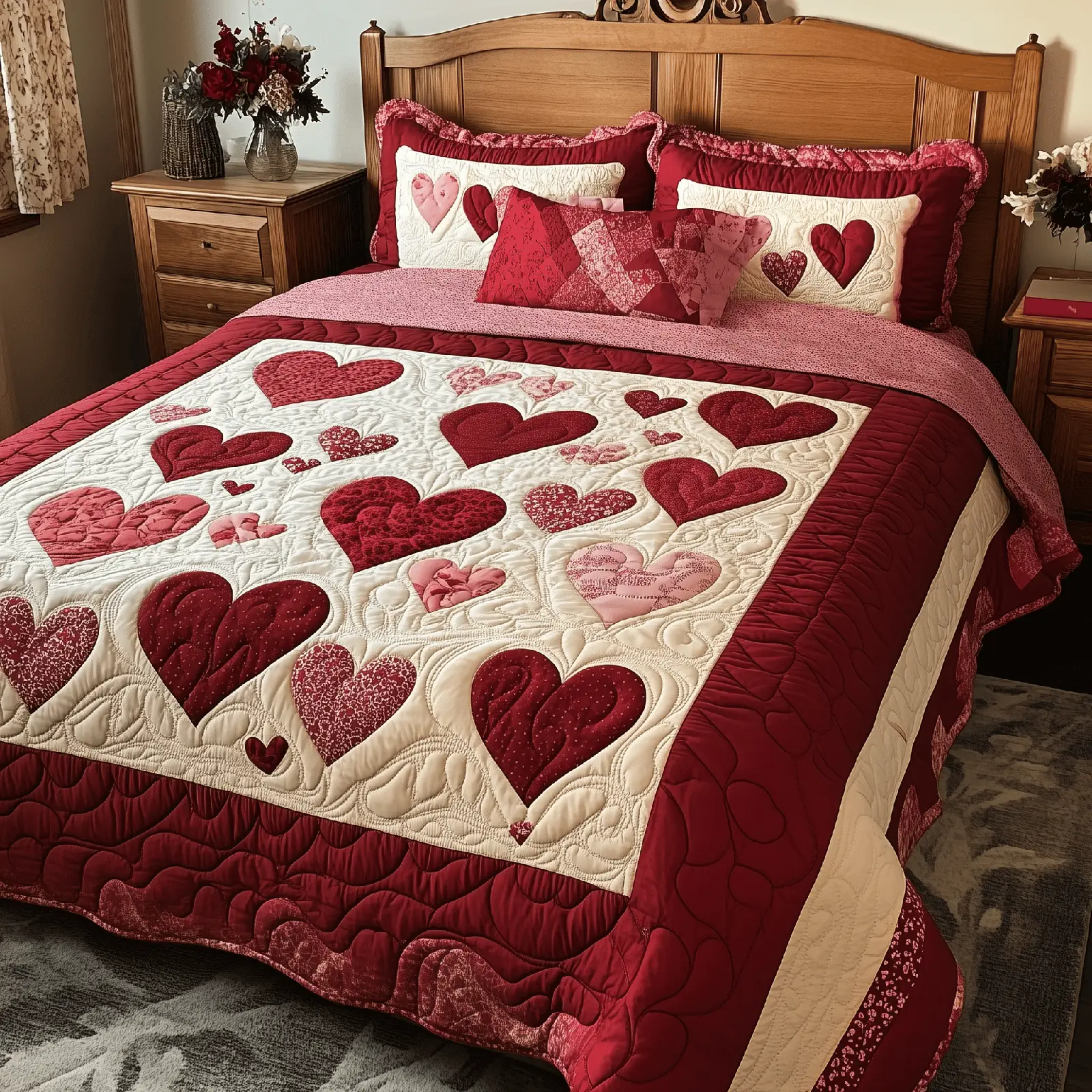 Vintage Love Quilted Bedding Set Cute Room Decor Heart Shape Gifts For Couples