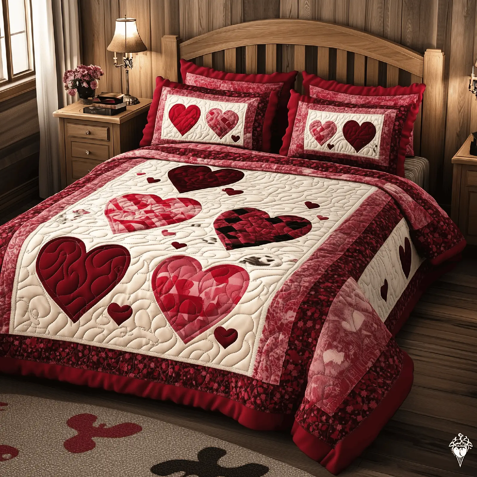 Vintage Love Quilted Bedding Set Cute Room Decor Heart Shape Gifts For Girlfriend