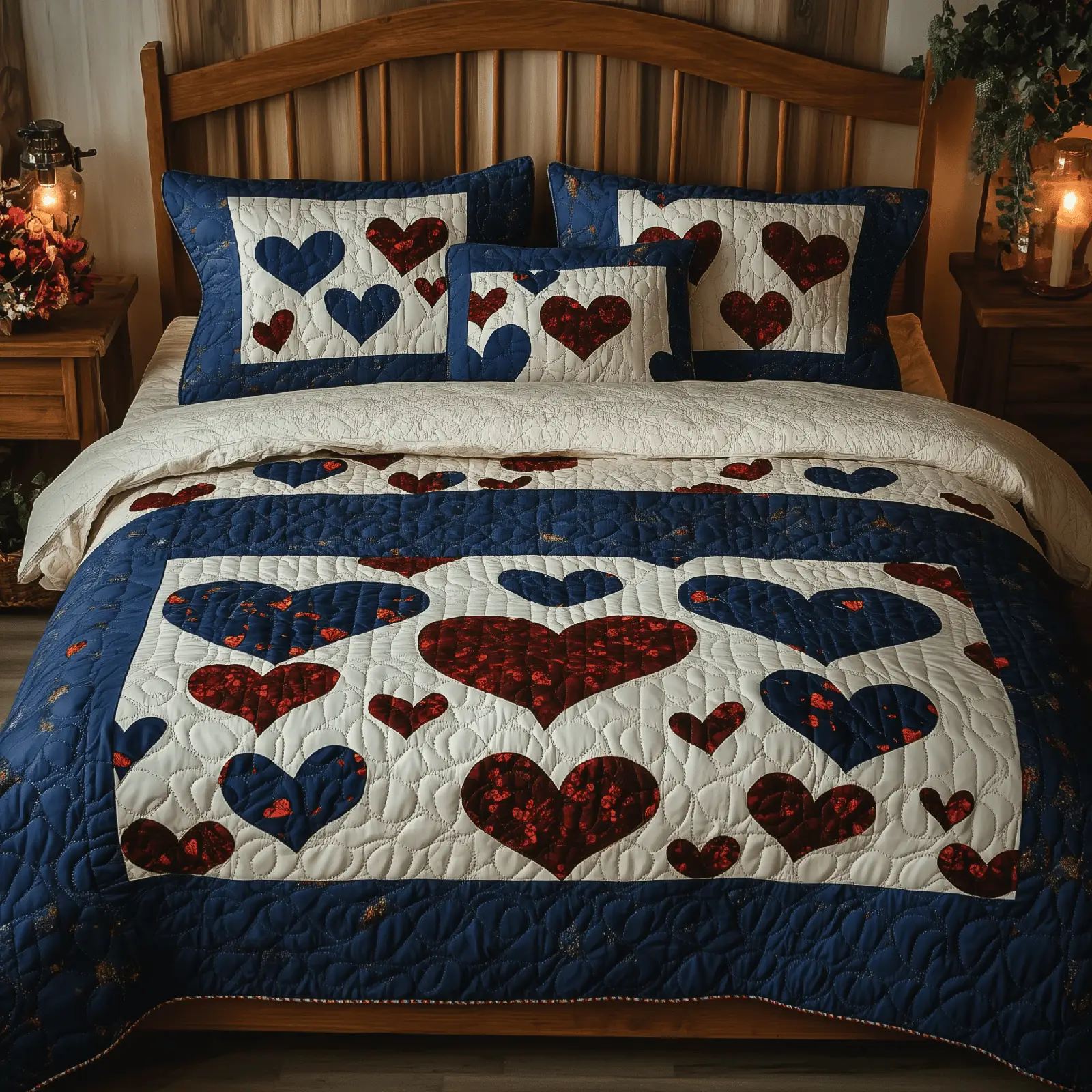 Vintage Love Quilted Bedding Set Cute Room Decor Heart Shape Gifts For Grandma