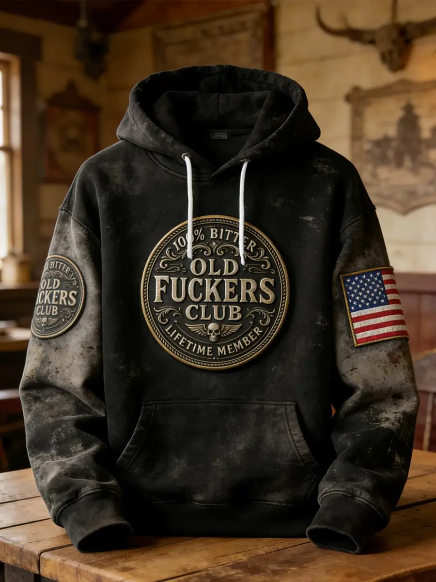 Vintage Old Fuckers Club Emblem Flag Hoodie Men's Lifetime Member Funny Slogan Apparel For Sale