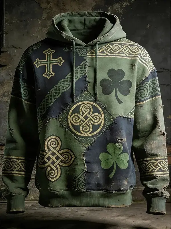 Vintage Patrick Celtic Knot Clover Cross Graphic Hoodie St Patricks Day Irish Pride Gift Men