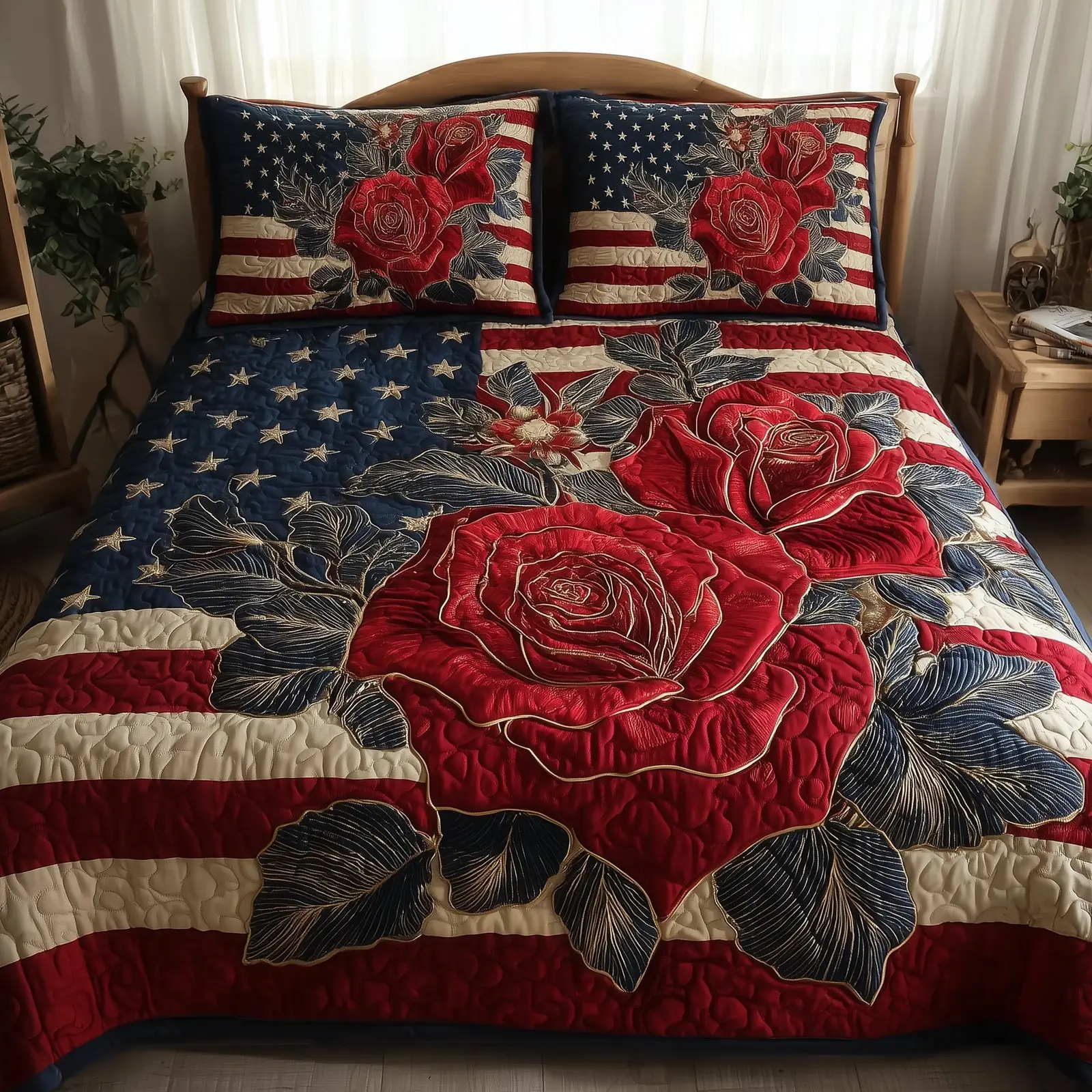 Vintage Patriotic Rose Quilted Bedding Set Geometrical Pattern