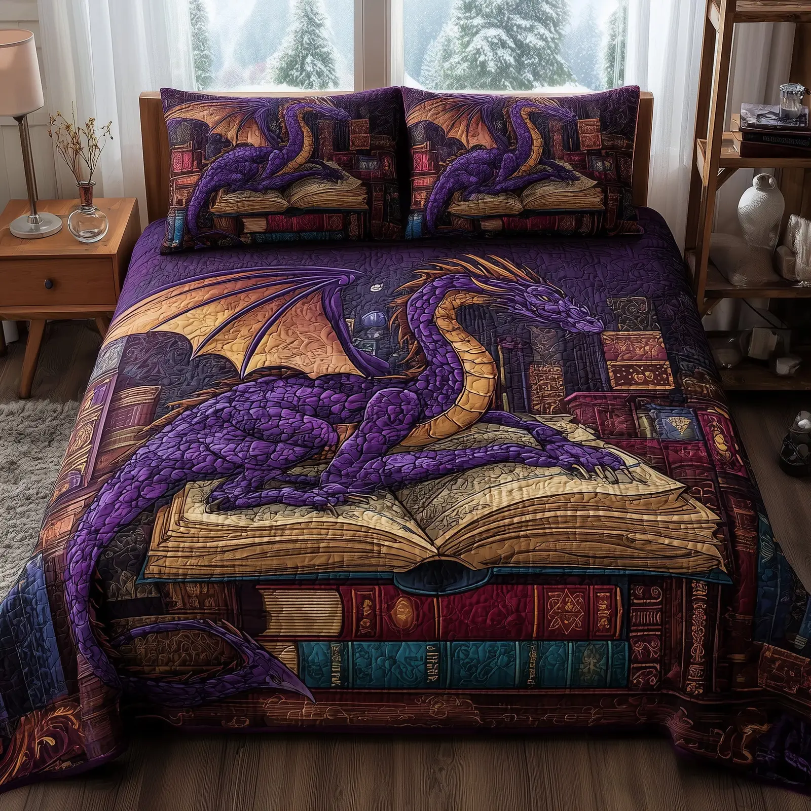 Vintage Purple Dragon Quilted Bedding Set Home Decor Collection
