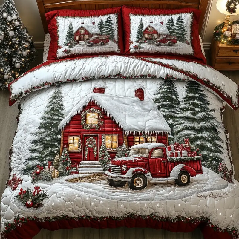 Vintage Red Truck And Cabin Quilted Bedding Set Country Christmas Bedroom Decor Gift Ideas