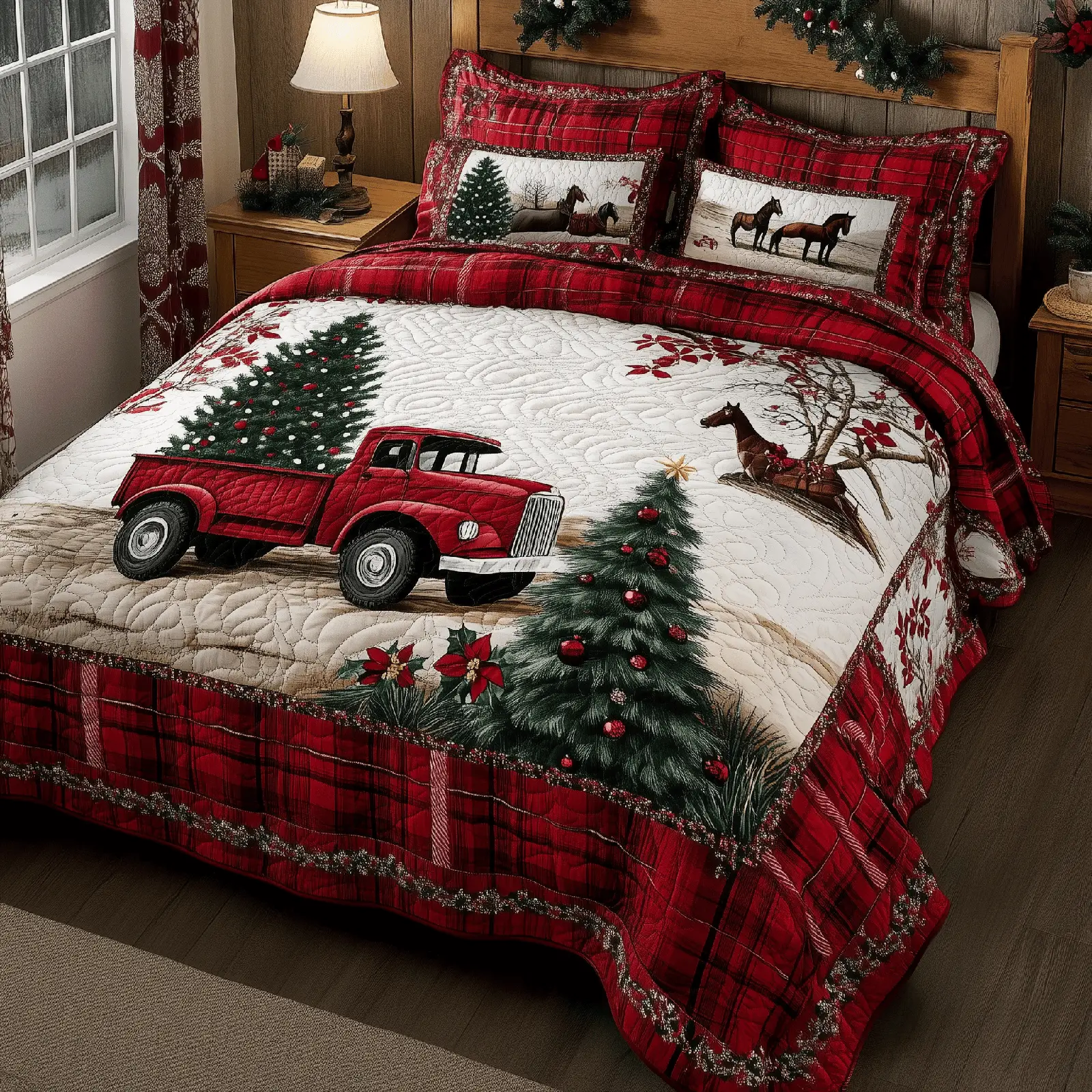 Vintage Red Truck Quilted Bedding Set Christmas Bedding Set Cool Gifts For Couples Who Have Everything