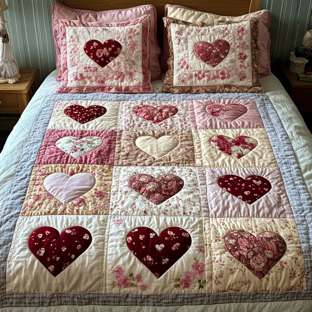 Vintage Rose Hearts Quilted Bedding Set Heart Vintage Decor Valentines Gifts For Lovers