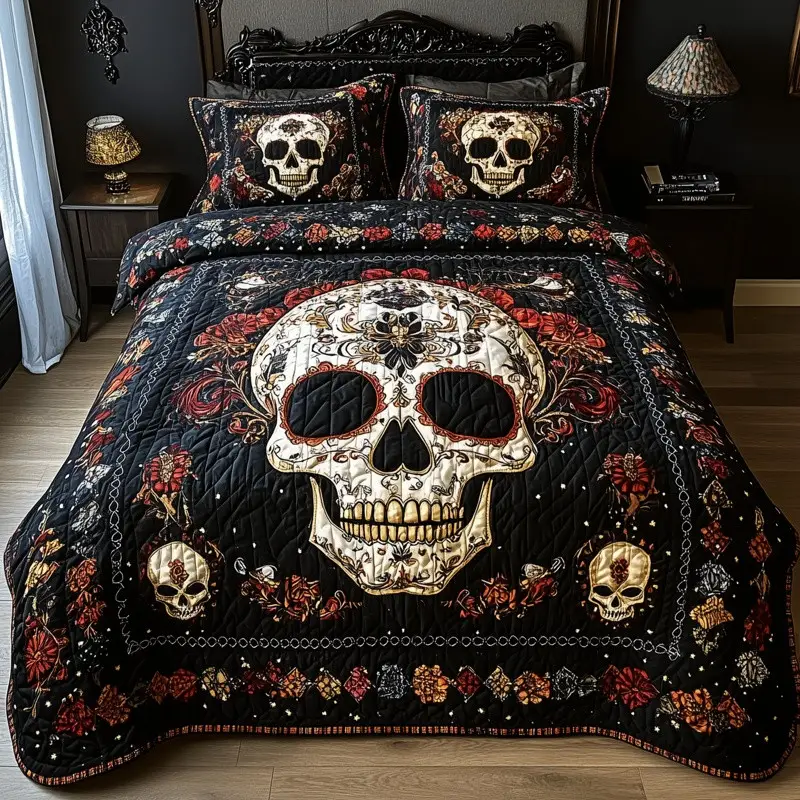 Vintage Skull Quilted Bedding Set Gothic Rock Bedroom Decor Best Gift For Skull Lovers