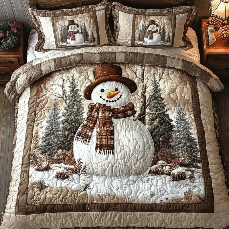Vintage Snowman Quilted Bedding Set Christmas Holiday Bedroom Decor Festive Gift Ideas
