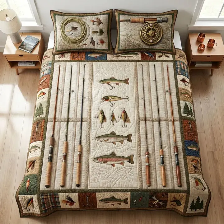 Vintage Tackle Quilted Bedding Set Rustic Fishing Bedroom Decor Home Gift For Lake Lovers