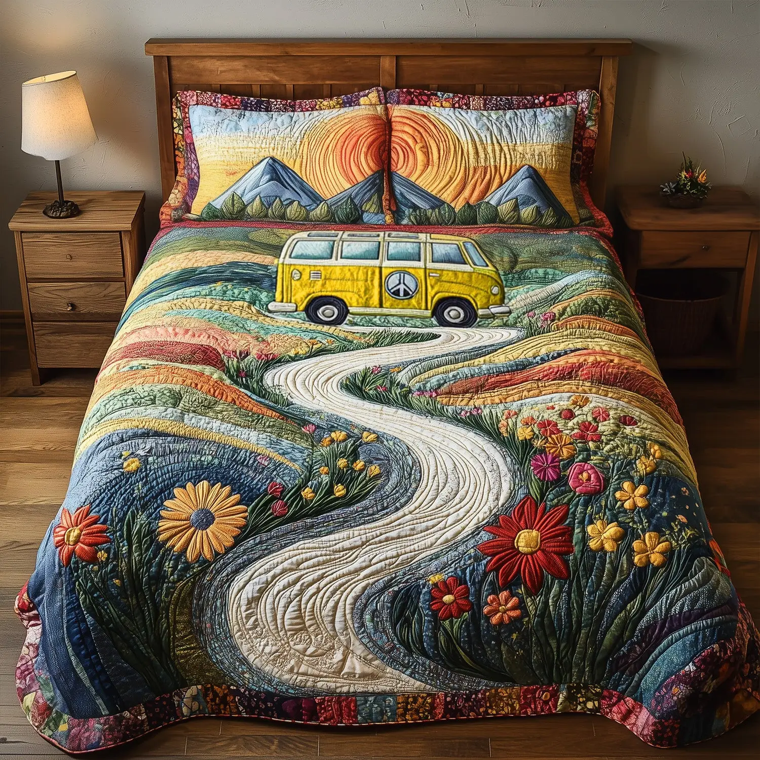 Vintage Wanderlust Quilted Bedding Set Aesthetic Room Decor Hippie Birthday Gifts