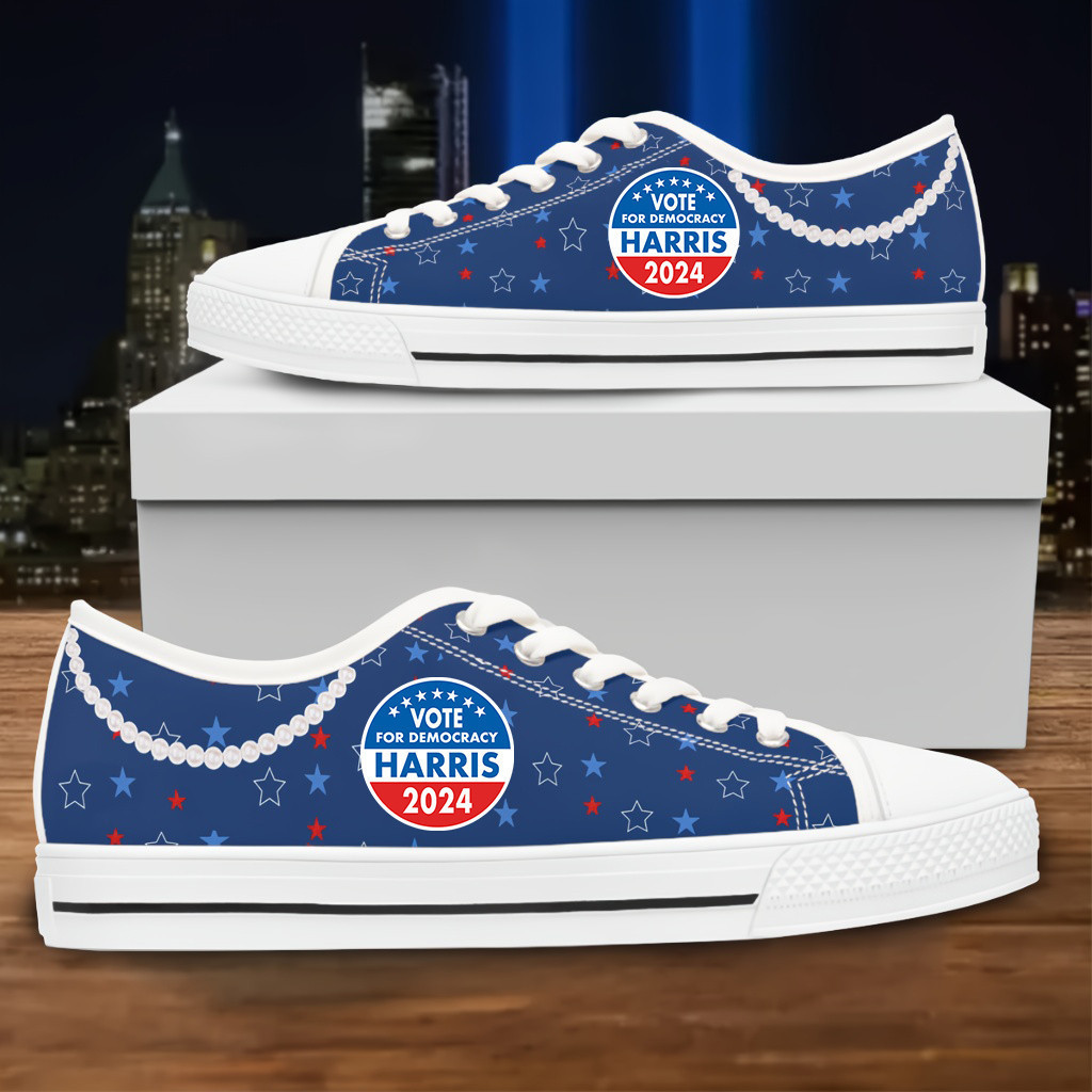 Vote For Democracy Harris 2024 Low Top Sneakers Kamala Harris Pearls Blue Low Top Shoes Vote For Democracy Harris 2024 Low Top Sneakers Kamala Harris Pearls Blue Low Top Shoes - Image 1