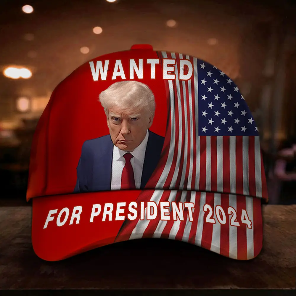 Wanted For President 2024 Hat Red Trump Mugshot Merch American Flag Hats For MAGA Supporters