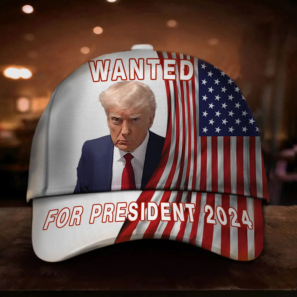 Wanted For President 2024 Hat White Trump Mugshot Merch American Flag Hats For MAGA Supporters