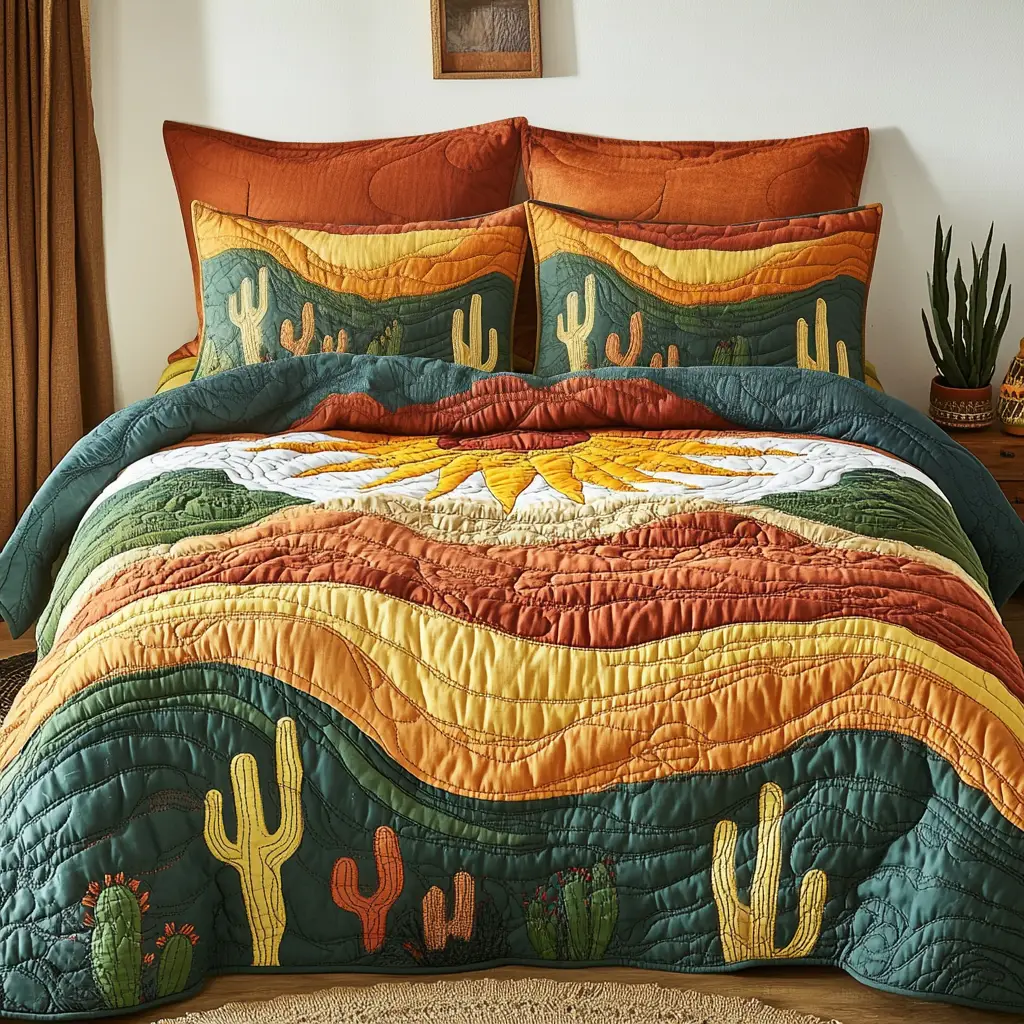 Warm Cactus Quilted Bedding Set Summer Vibe Duvet Covers Sentimental Gifts For Mom