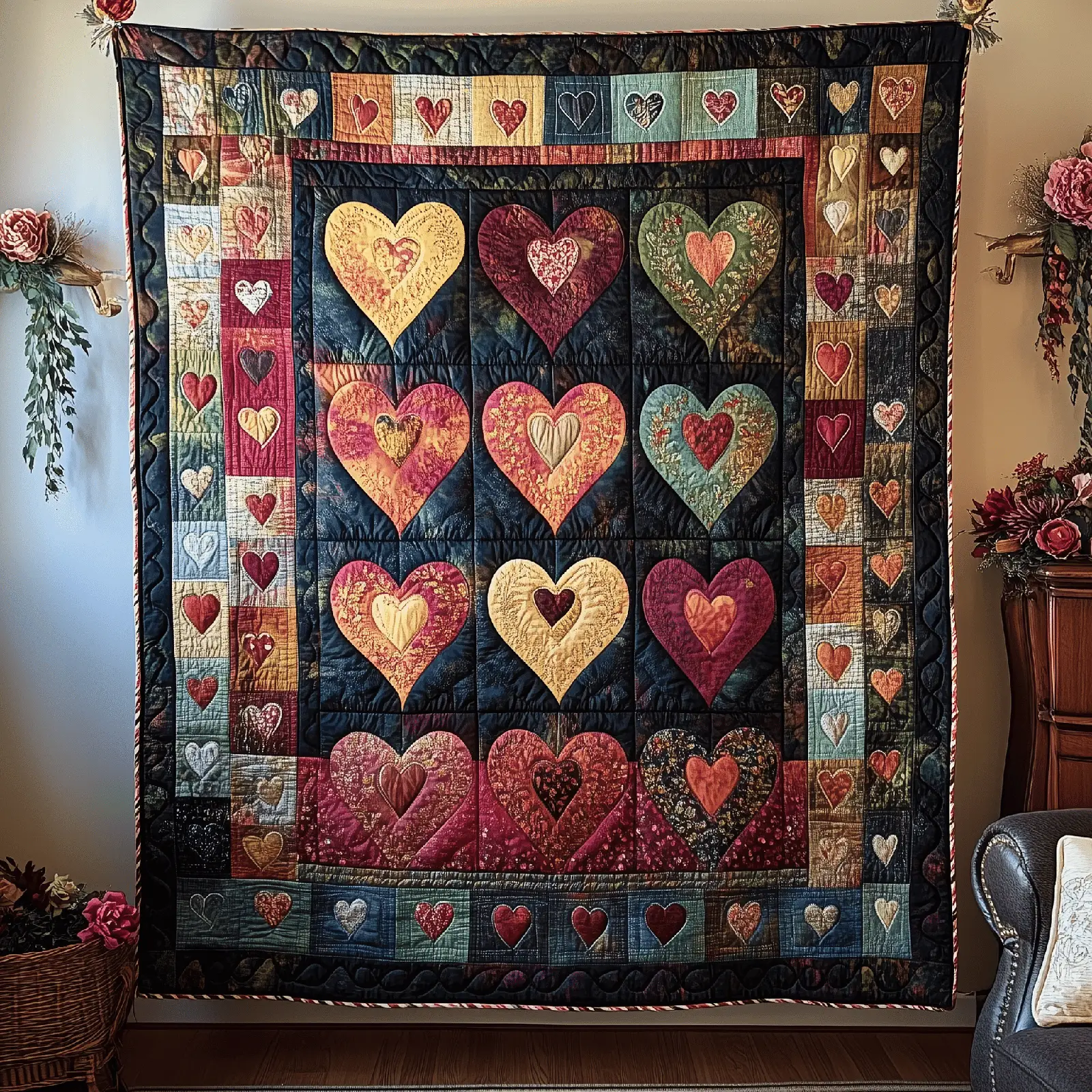 Warm Heart Vintage Quilted Blanket Hearts Art Design Cute Bedroom Decor Valentine Present Ideas