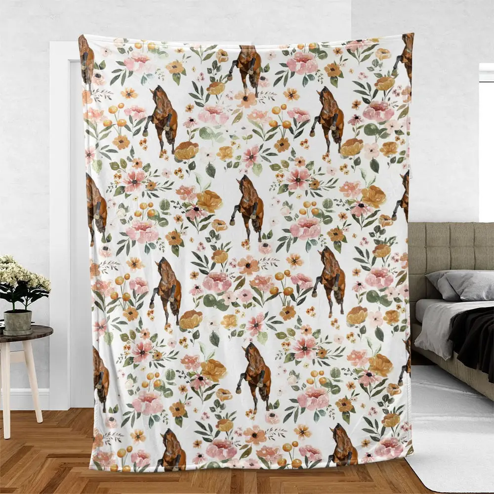 Warmbloods Horse Floral Pattern Blanket Farm Blanket Unique Gifts For Farmers