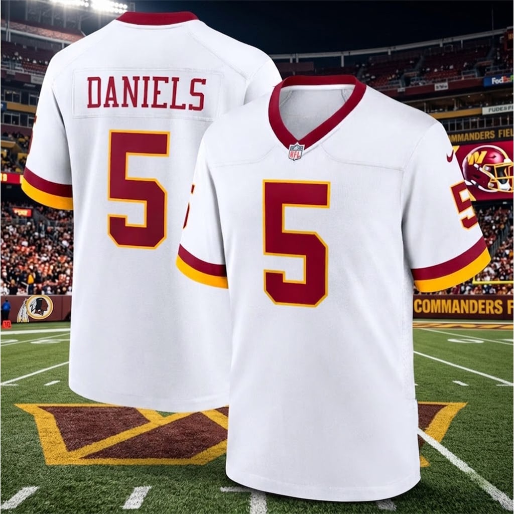 Washington Commanders Jayden Daniels #5 New 2026 White Jersey Commanders Merch Gifts For Fans