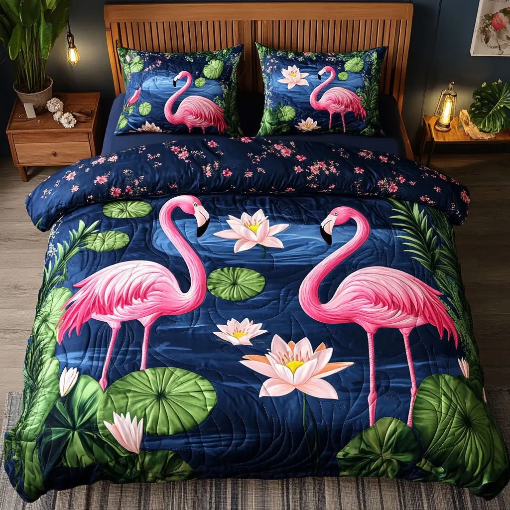Water Lily Flamingo Quilted Bedding Set Duvet Cover Bedspread  Bedroom Decor Gifts For Ladies