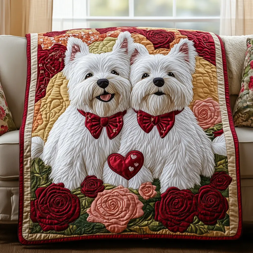 Westie Dog Hearts And Roses Quilted Blanket West Highland Terrier Art Throw Gift For Dog Owners